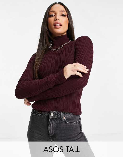 ASOS DESIGN Tall - Maglione con collo alto rosso scuro a coste