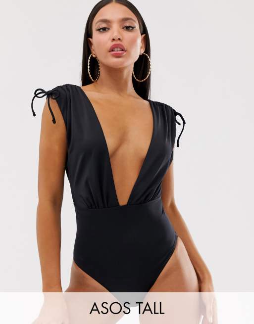 Asos Design Tall Maillot 1 Pièce à Décolleté Plongeant Et épaules Froncées En Tissu Recyclé 