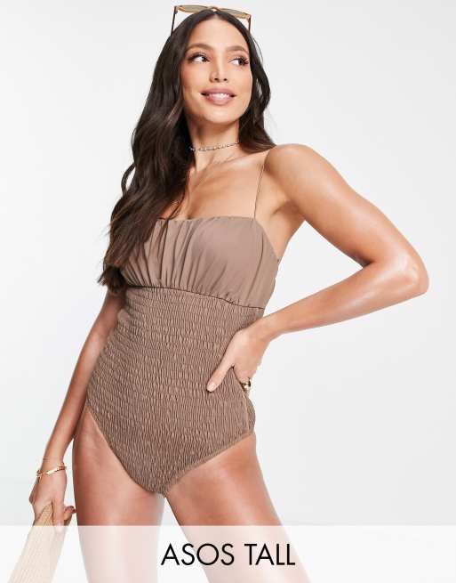 ASOS DESIGN Tall - Maillot 1 pièce froncé - Marron