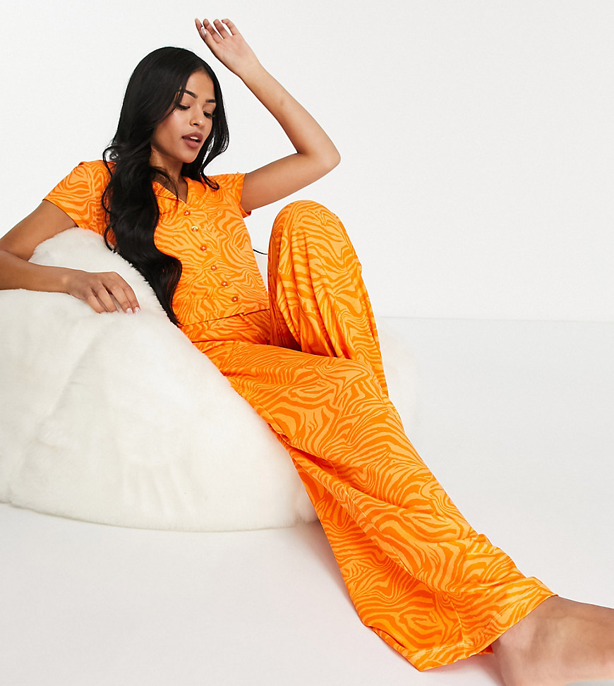 ASOS DESIGN Tall marble print shirt & pant pajama set in orange