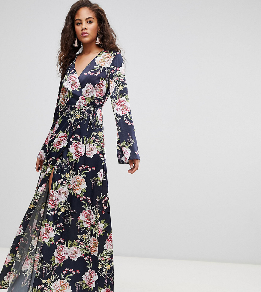 ASOS DESIGN – Tall – Marinblå blommönstrad omlottklänning med lång ärm-Flerfärgad