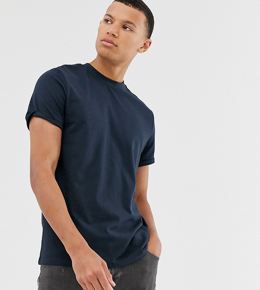ASOS DESIGN – Tall – Marinblå t-shirt med rund halsringning och uppvikta ärmar