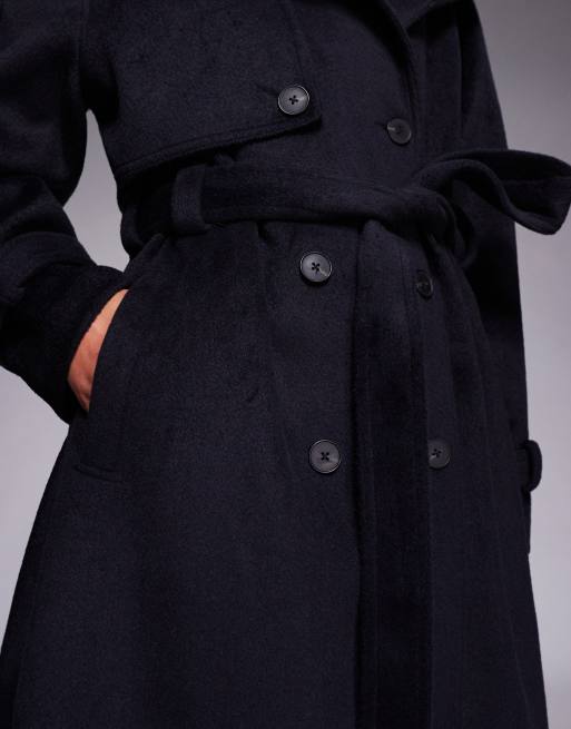ASOS DESIGN Tall – Marinblå trenchcoat i lång modell med ståkrage och borstad finish, 3 av 4