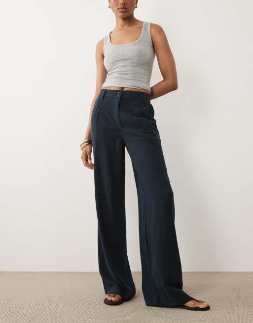 ASOS DESIGN Tall - Marineblå bukser i hørblandingsmateriale med vide ben og plisseringer, 2 af 5
