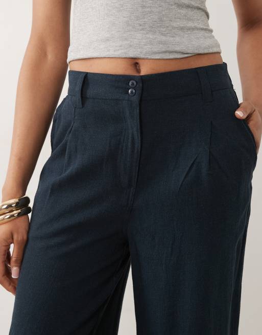 ASOS DESIGN Tall - Marineblå bukser i hørblandingsmateriale med vide ben og plisseringer, 5 af 5