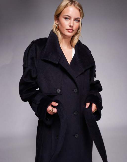 ASOS DESIGN Tall - Marineblå longline-trenchcoat med ståkrave i børstet materiale, 2 af 4