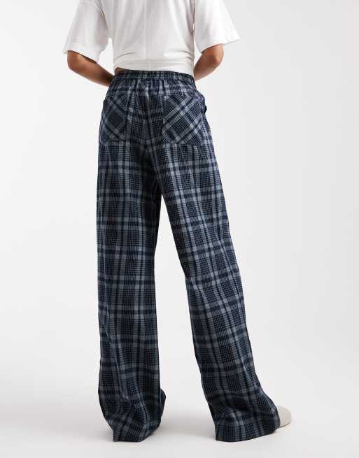 ASOS DESIGN Tall - Marineblå og ternede bukser med vide ben og bindebånd i taljen i børstet materiale, 5 af 5