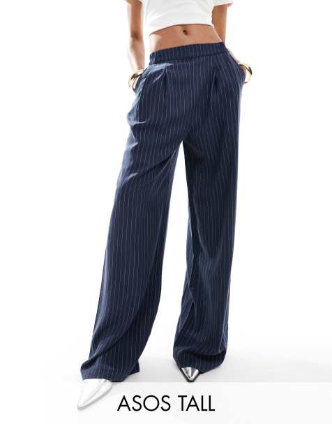 ASOS DESIGN Tall - Marineblå pull-on-bukser med vide ben og striber - view 1