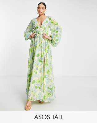 ASOS DESIGN Tall – Marszczona w talii sukienka maxi o fasonie z odkrytymi plecami w żółte i niebieskie kwiaty 