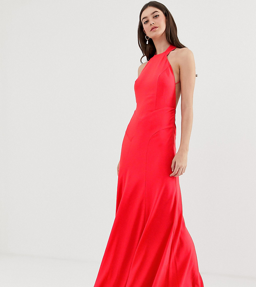 ASOS DESIGN Tall maxi dress in crepe with high neck and fishtail hem-Red