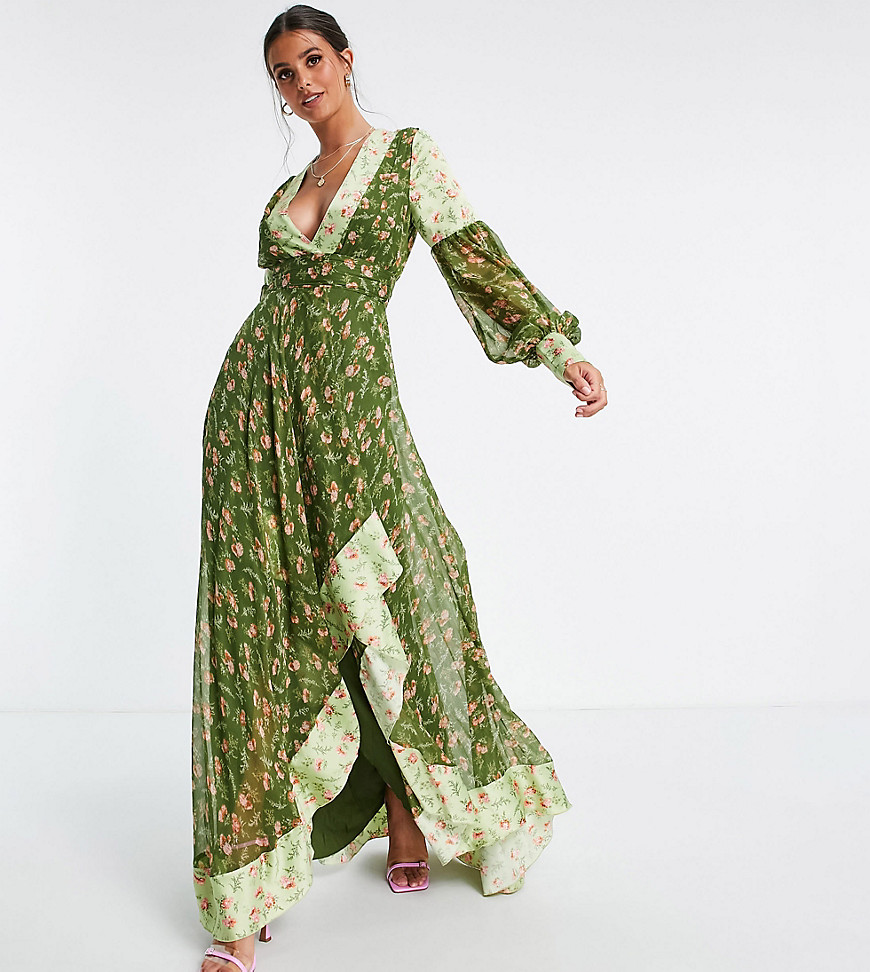 ASOS DESIGN Tall Maxi dress in mixed ditsy print with self belt in green ditsy