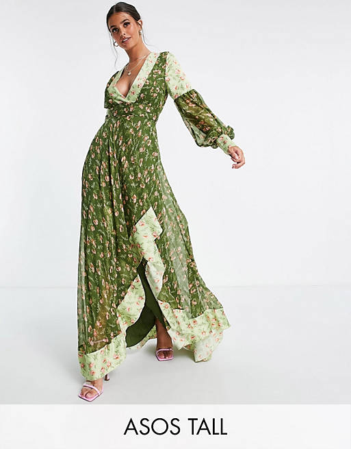  Tall Maxi dress in mixed ditsy print with self belt in green ditsy 