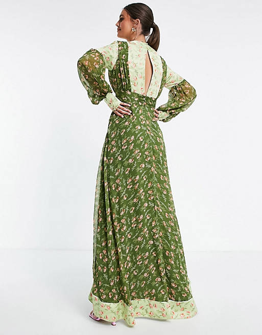  Tall Maxi dress in mixed ditsy print with self belt in green ditsy 