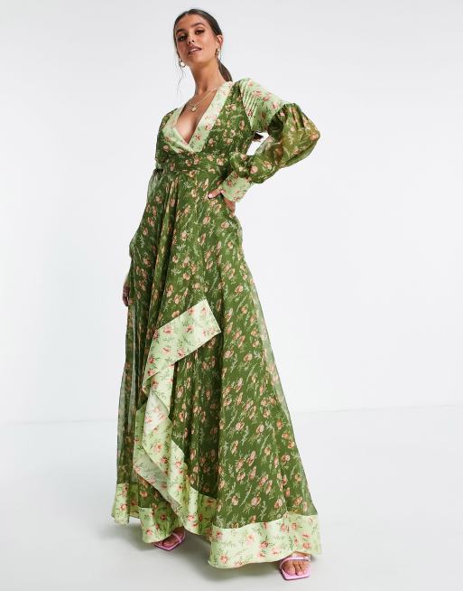 ASOS DESIGN Tall Maxi dress in mixed ditsy print with self belt in green ditsy