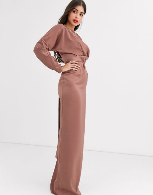 Asos Design Tall Maxi Dress With Batwing Sleeve And Wrap Waist In Satin Asos