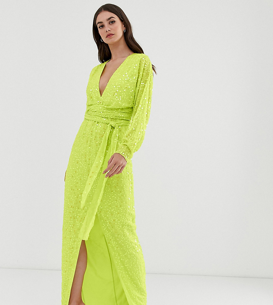 ASOS DESIGN Tall maxi dress with batwing sleeve and wrap waist in scatter sequin-Multi