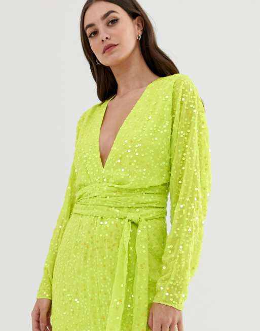 ASOS DESIGN Tall maxi dress with batwing sleeve and wrap waist in scatter sequin