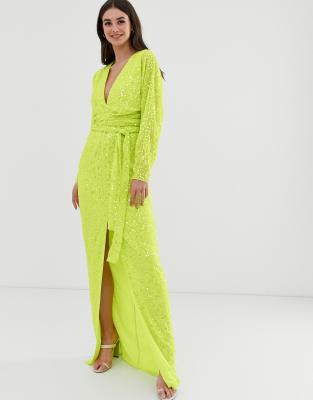 asos design maxi dress with batwing sleeve and wrap waist in satin