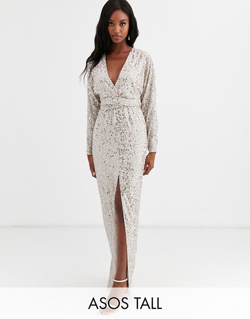 ASOS DESIGN Tall maxi dress with batwing sleeve and wrap waist in scatter sequin