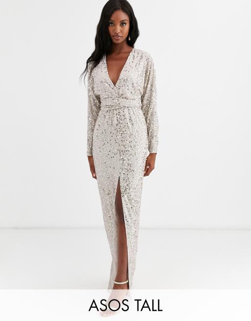 ASOS DESIGN Tall maxi dress with batwing sleeve and wrap waist in scatter sequin ASOS