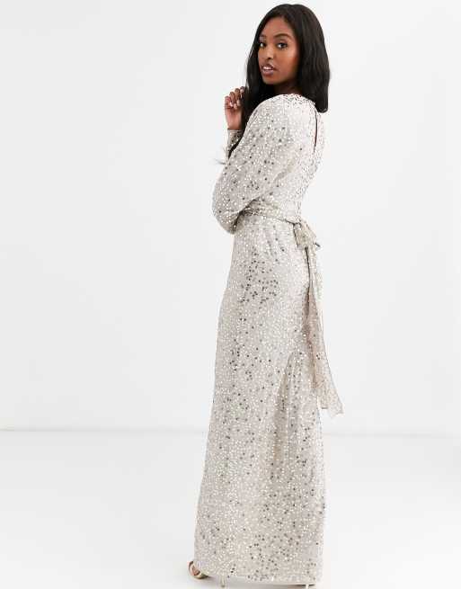 ASOS DESIGN Tall maxi dress with batwing sleeve and wrap waist in scatter sequin