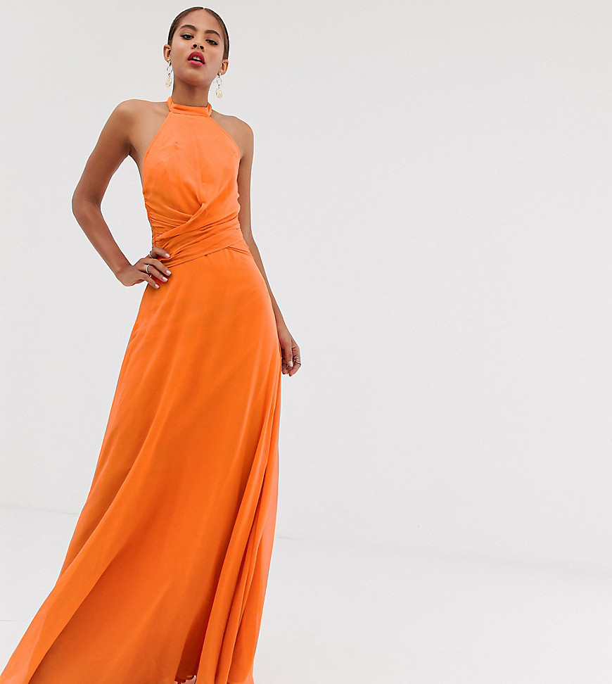 ASOS DESIGN Tall maxi dress with high neck and drape waist detail-Orange