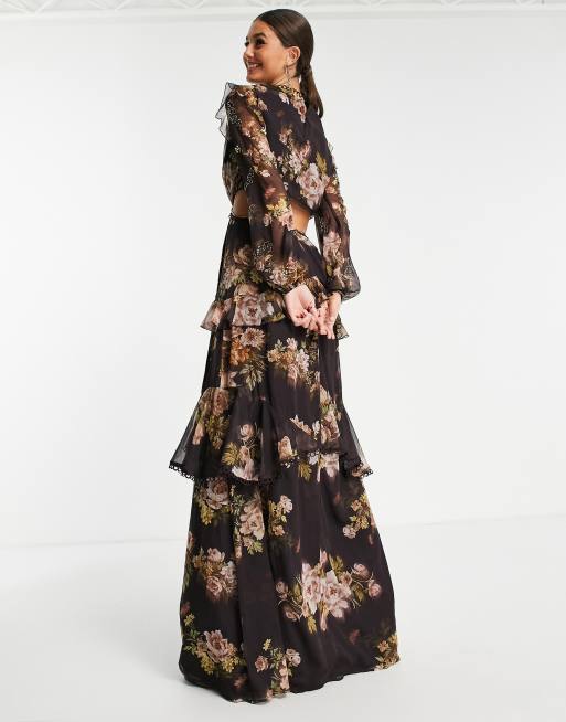 ASOS DESIGN Tall maxi dress with long sleeve and circle trim in floral print and embellishment in berry