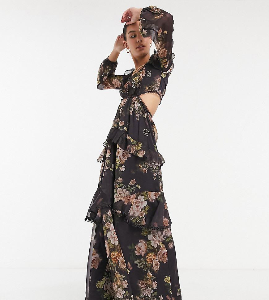 Asos Tall Asos Design Tall Maxi Dress With Long Sleeve And Circle Trim In Floral Print And Embellishment In Br In Multi