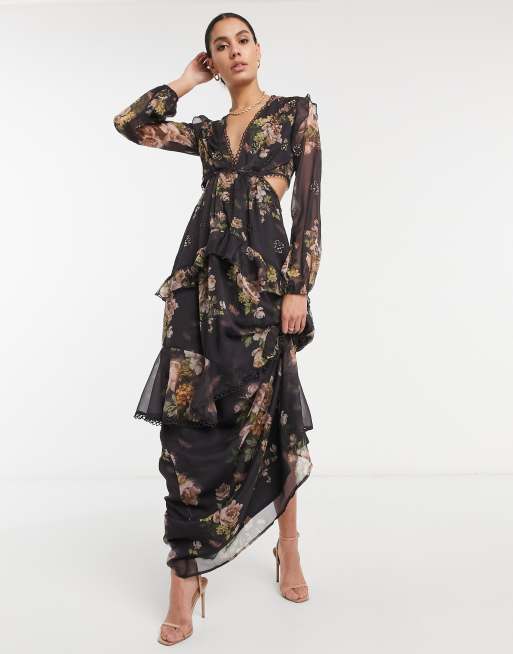 ASOS DESIGN Tall maxi dress with long sleeve and circle trim in floral print and embellishment in brown