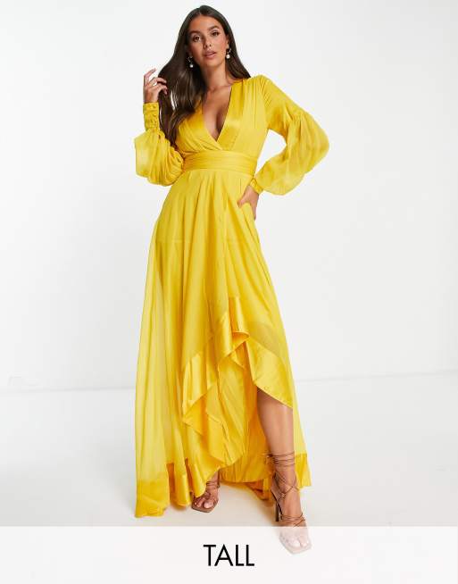 ASOS DESIGN Tall maxi dress with satin panelling and self belt in yellow