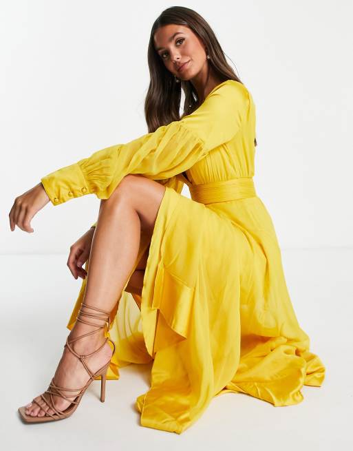 ASOS DESIGN Tall maxi dress with satin panelling and self belt in yellow