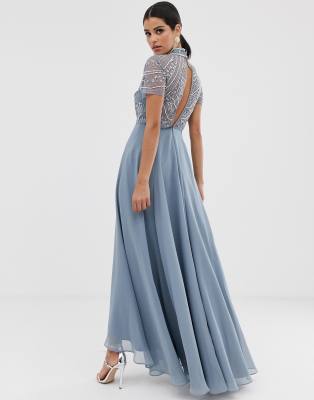 grey chiffon cap sleeve embellished maxi dress