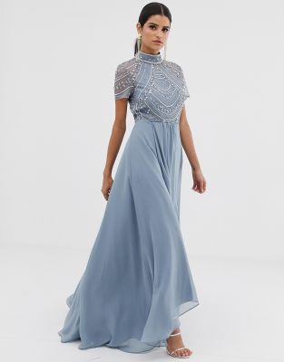 grey chiffon cap sleeve embellished maxi dress