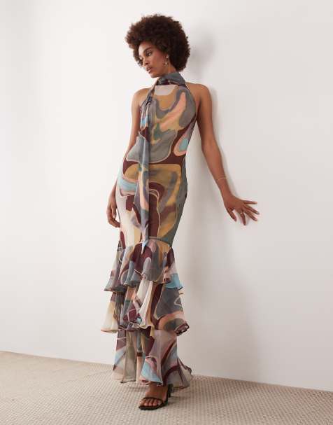 ASOS DESIGN Tall - Maxi halterjurk van chiffon met sjaaldetail en racerhals in bordeauxrood met abstracte print - view 1