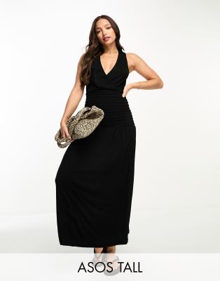 ASOS DESIGN Tall - Maxi-Hängerkleid in Schwarz mit V-Ausschnitt, Knitterstruktur und gesmokter Taille