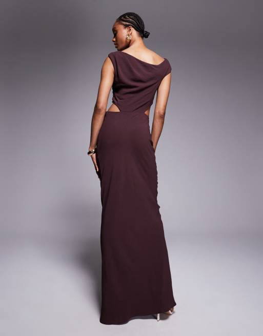 ASOS DESIGN Tall - Maxi jurk met blote schouders en uitgesneden taille in bruin, 3 van 4