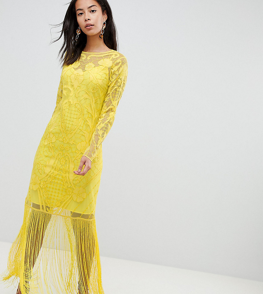 ASOS DESIGN - Tall - Maxi-jurk met borduursel en franje-Geel