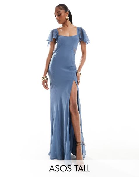ASOS DESIGN Tall - Maxi jurk met fladdermouwen en kanten inzetstuk in oudblauw - view 1