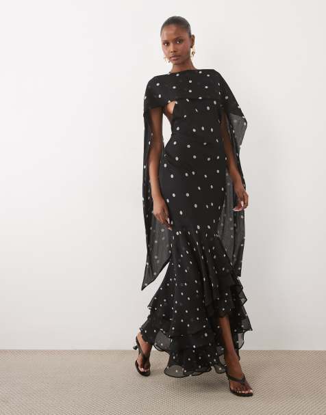 ASOS DESIGN Tall - Maxi jurk met halternek, sjaaldetail en ruches aan de zoom in stippenprint - view 1