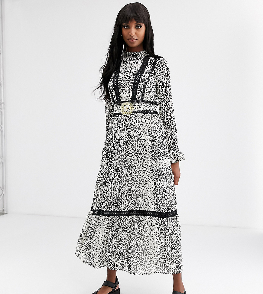 ASOS DESIGN Tall - Maxi-jurk met kanten inzetstukken, riem met gesp en luipaardprint-Multi