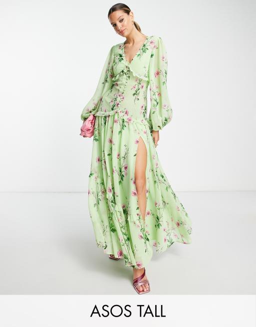 ASOS DESIGN Tall - Maxi jurk knopen plooitjes in groen met bloemenprint ASOS