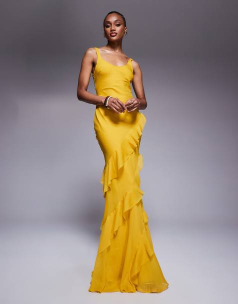 ASOS DESIGN Tall - Maxi-jurk met lage ronde hals, rok met ruches en uitsnijding aan de achterkant in geel - view 1