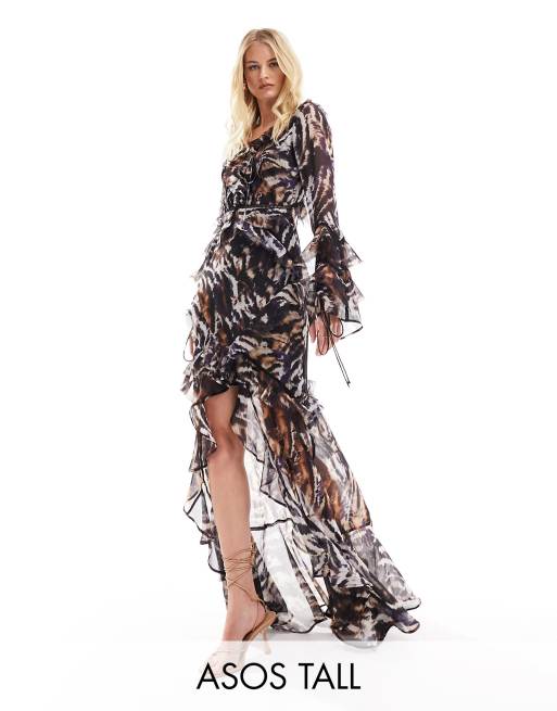 ASOS DESIGN Tall - Maxi-jurk met lange mouwen, ruches en inzetstukken van kant in dierenprint