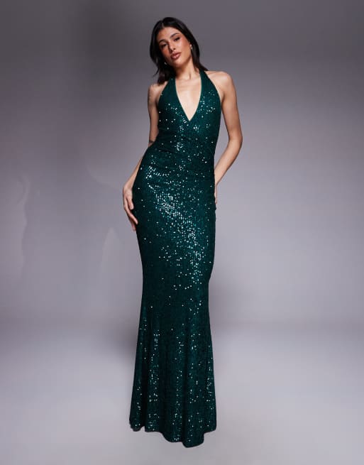 ASOS DESIGN Tall - Maxi jurk met lovertjes en diepe hals in smaragdgroen, 2 van 4