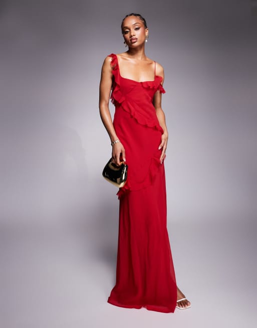 ASOS DESIGN Tall - Maxi jurk met onafgewerkte randen, ruches en gestrikte achterkant in rood, 3 van 4