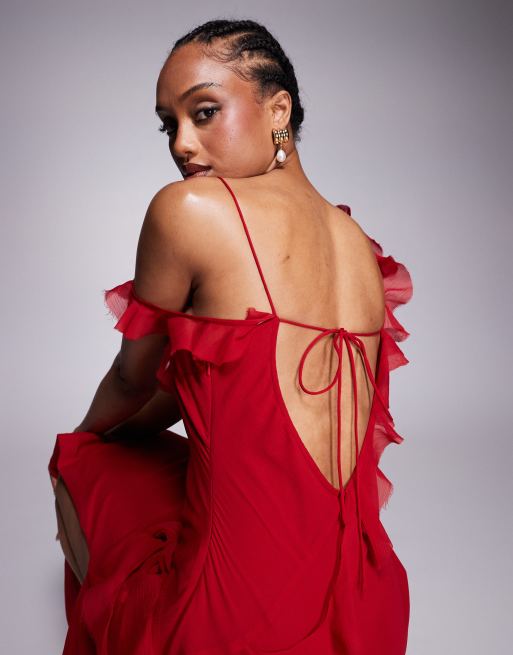 ASOS DESIGN Tall - Maxi jurk met onafgewerkte randen, ruches en gestrikte achterkant in rood, 4 van 4
