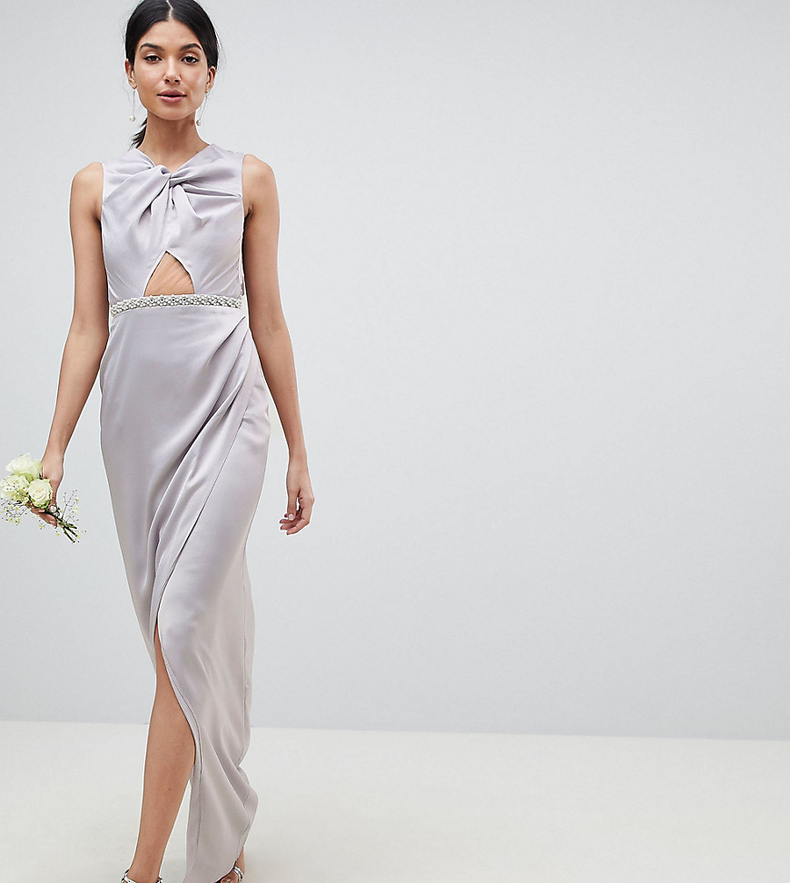 ASOS DESIGN - Tall maxi-jurk met parel aan de zoom en gedraaide voorkant-Grijs