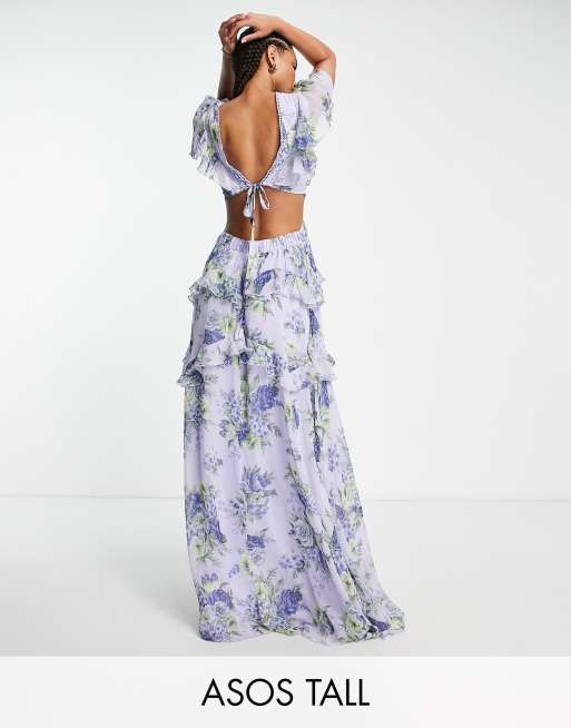 ASOS DESIGN Tall - Maxi jurk met stroken, kanten inzetstukken en open achterkant in blauw met bloemenprint 