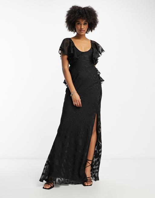 ASOS DESIGN Tall - Maxi jurk van gestippeld satijn met fladdermouwen en open achterkant in zwart, 2 van 4