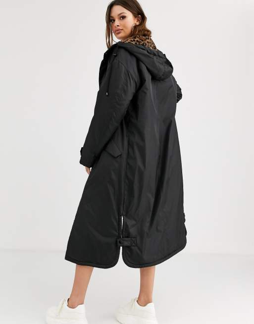 ASOS DESIGN Tall maxi raincoat with animal borg lining in black ASOS